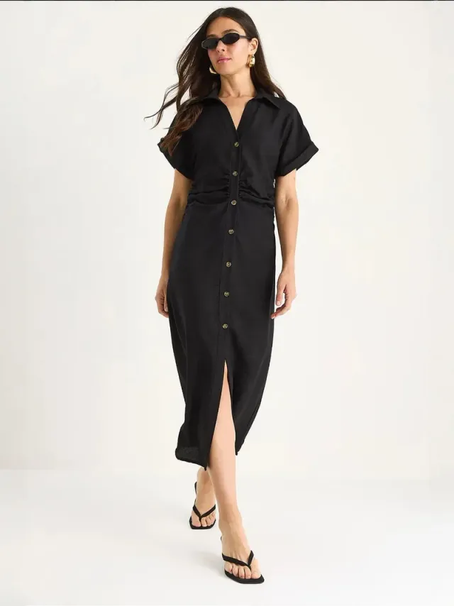 LUCCI V-neck Button-Front Midi Dress