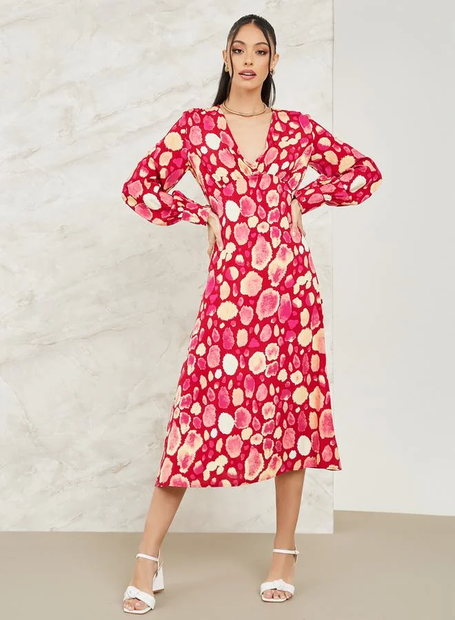 Styli Abstract Print V-Neck A-Line Midi Dress Long Sleeve