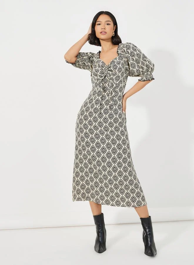 Printed Ruched Midi Dress