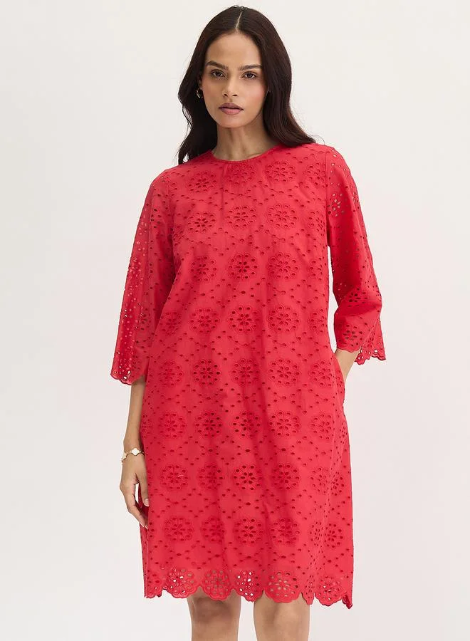 Cotton Schiffli Knee Length Dress Red