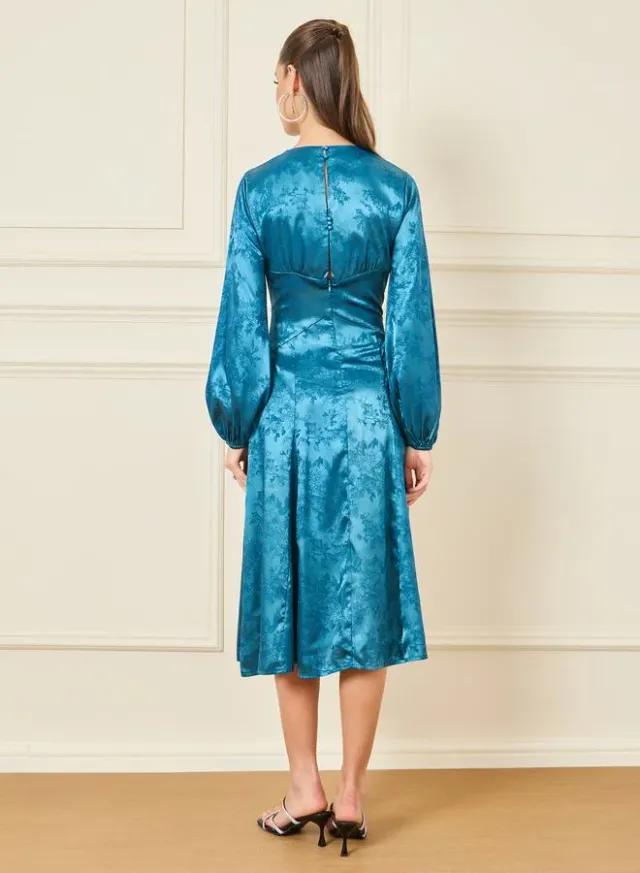 Light Blue Tweed Asymmetric Midi Dress with V Neck and Long Sleeves – image 4