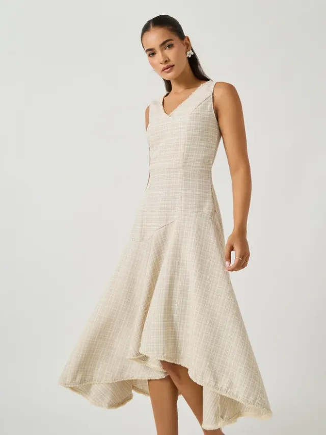 Light Blue Tweed Asymmetric Midi Dress with V Neck and Long Sleeves – image 3