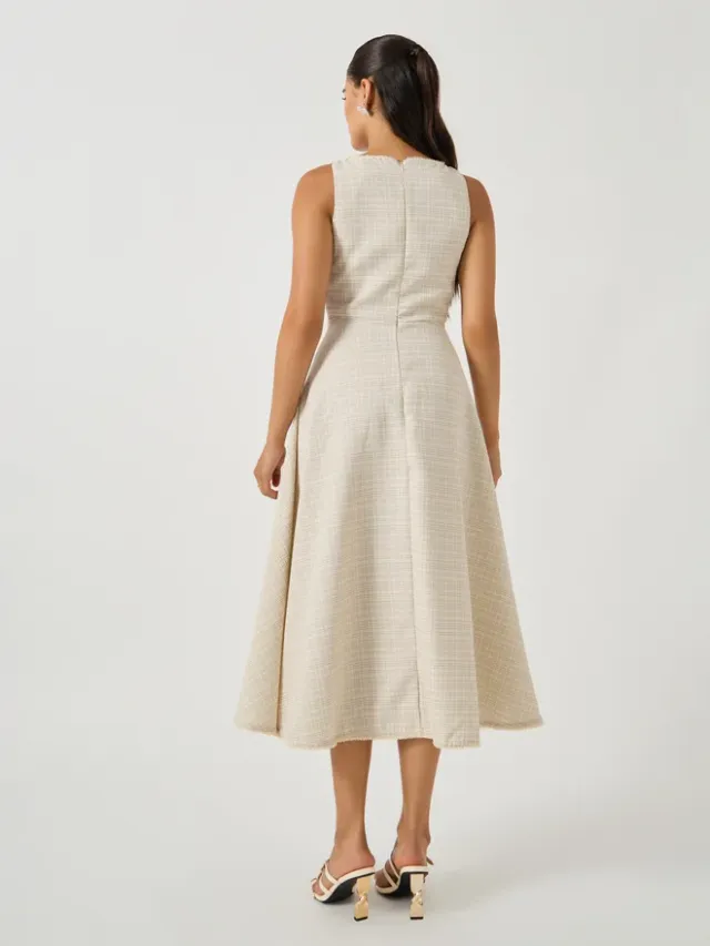 Light Blue Tweed Asymmetric Midi Dress with V Neck and Long Sleeves – image 5