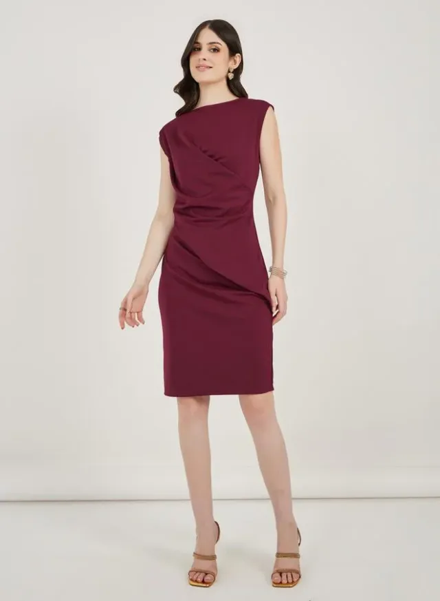 Burgundy Bodycon Jersey Knit Dress - Short Sleeve, Midi Length – image 2