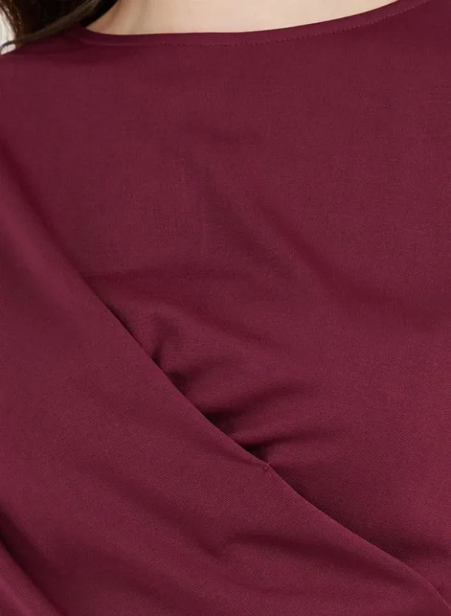 Burgundy Bodycon Jersey Knit Dress - Short Sleeve, Midi Length – image 3