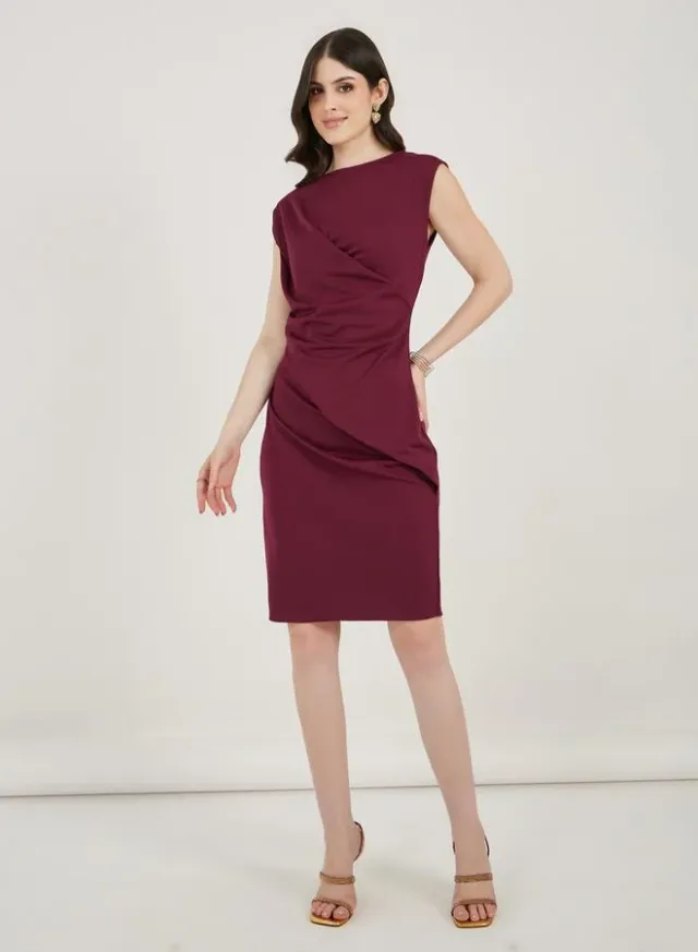 Burgundy Bodycon Jersey Knit Dress - Short Sleeve, Midi Length – image 4