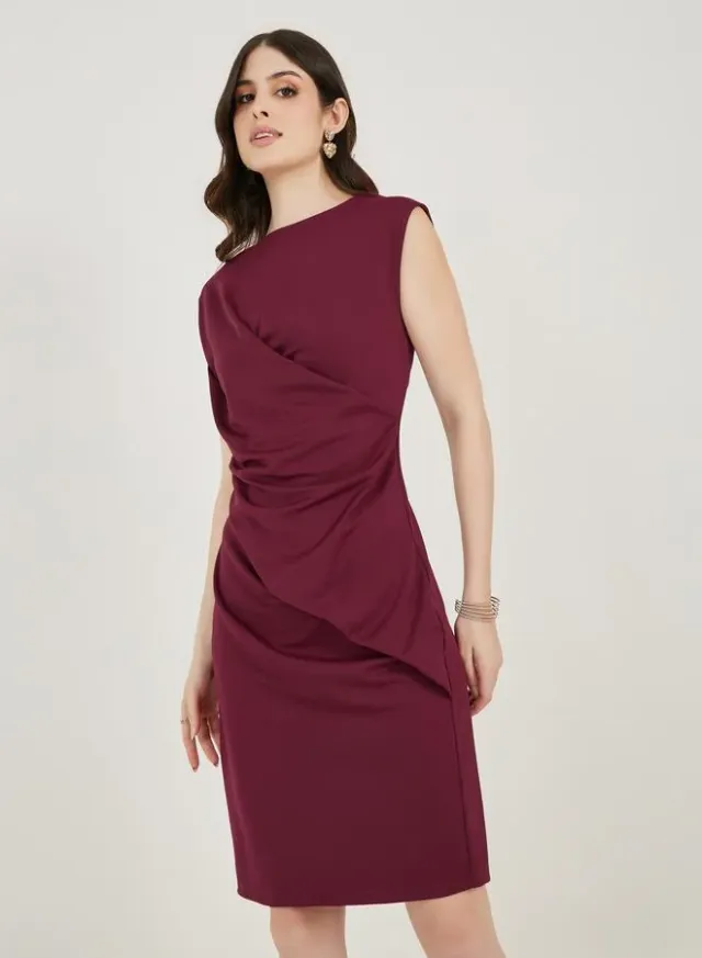 Burgundy Bodycon Jersey Knit Dress - Short Sleeve, Midi Length – image 5