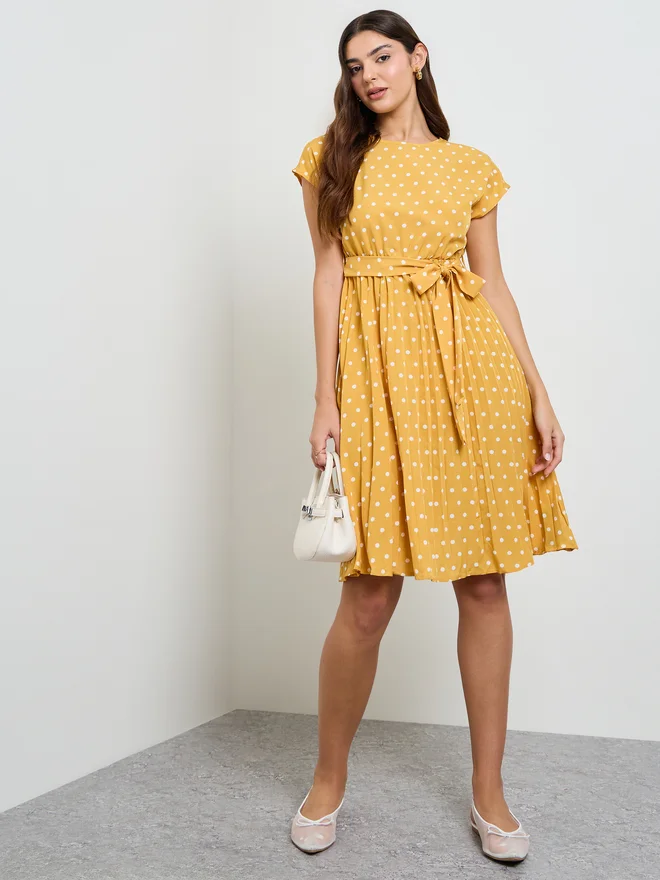 Knee Length Polka Dot Bow Tie Dress, Yellow