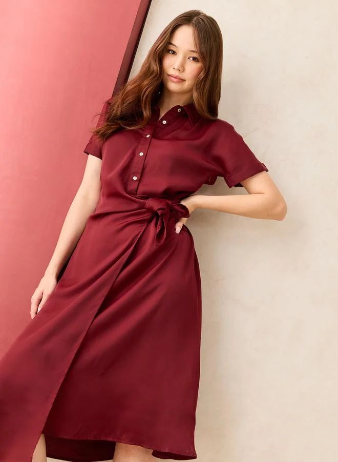 Wrap Front Shirt Midi Dress Maroon