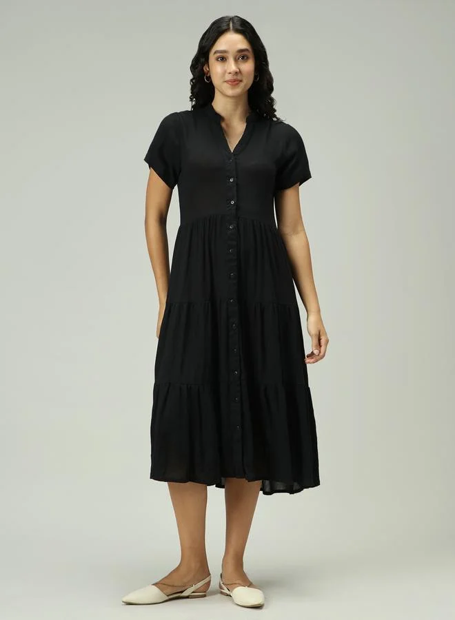 Button Down Tiered Midi Dress Black