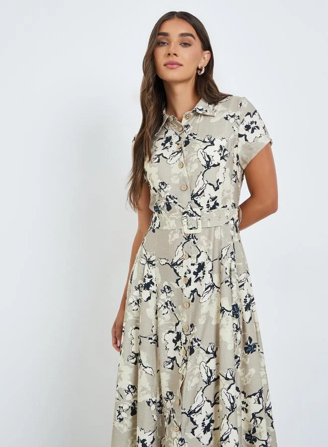 Floral Short Sleeve Shirt Midi Dress Beige
