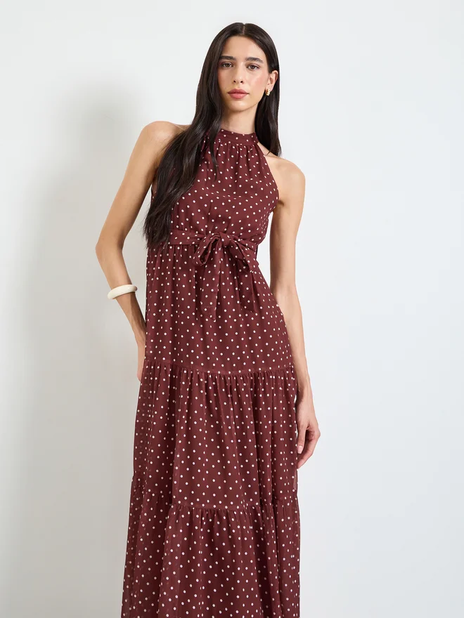 Polka Dot Tiered Maxi Dress, Brown