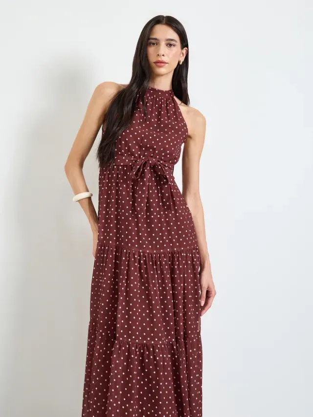 Polka Dot Tiered Maxi Dress, Brown