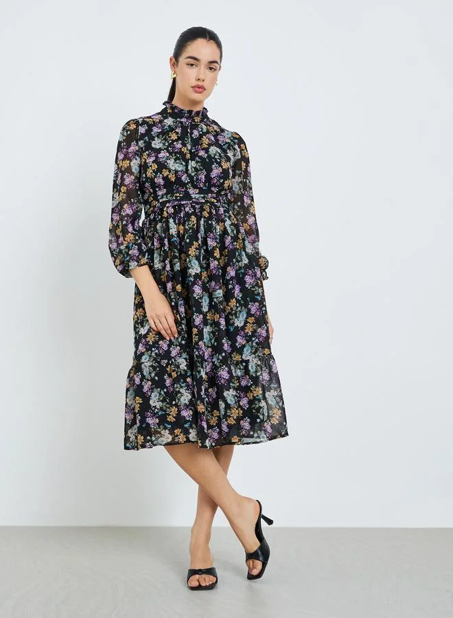 Women's A-Line Floral Print Midi Dress Black
