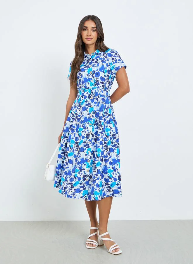 Floral Print Shirt Midi Dress Blue