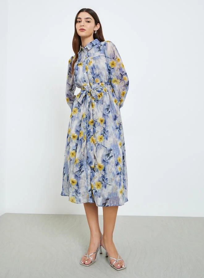 Floral Print Midi Shirt Dress, Blue
