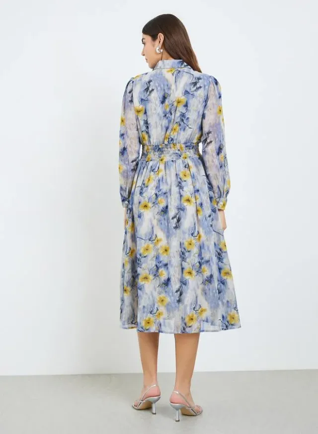 Floral Print Midi Shirt Dress, Blue – image 4