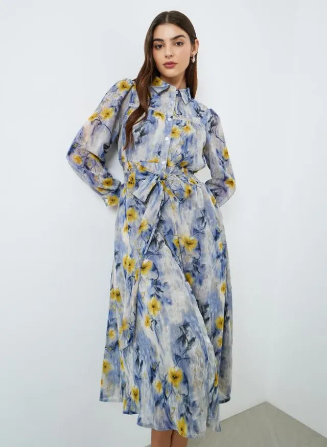 Floral Print Midi Shirt Dress, Blue – image 5