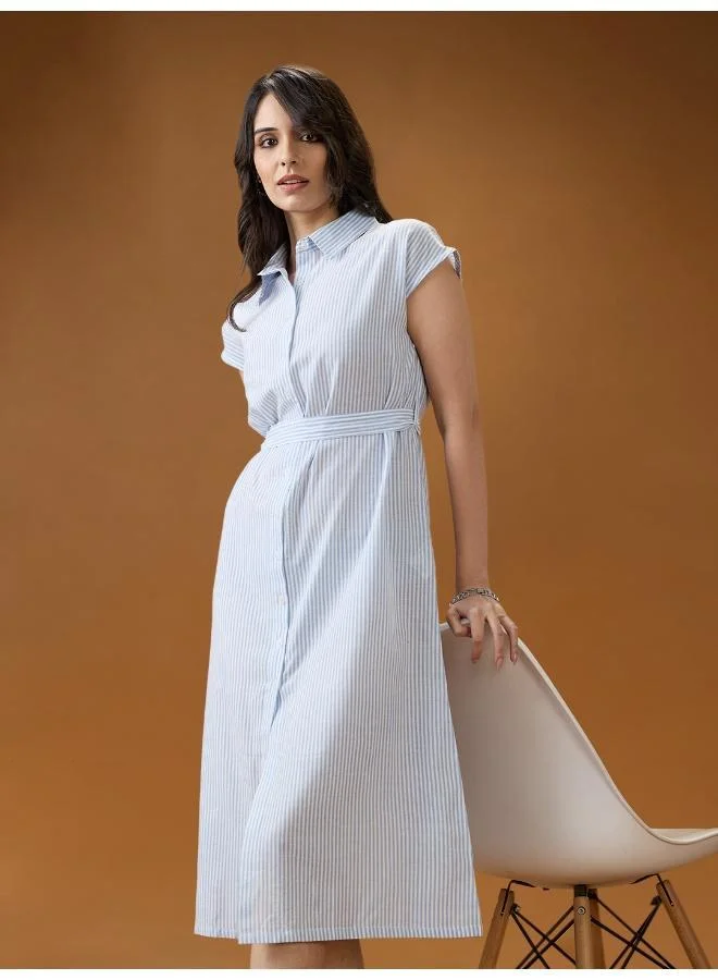 Women's Collared Striped Midi Workwear Shirt Dress with Belt Green