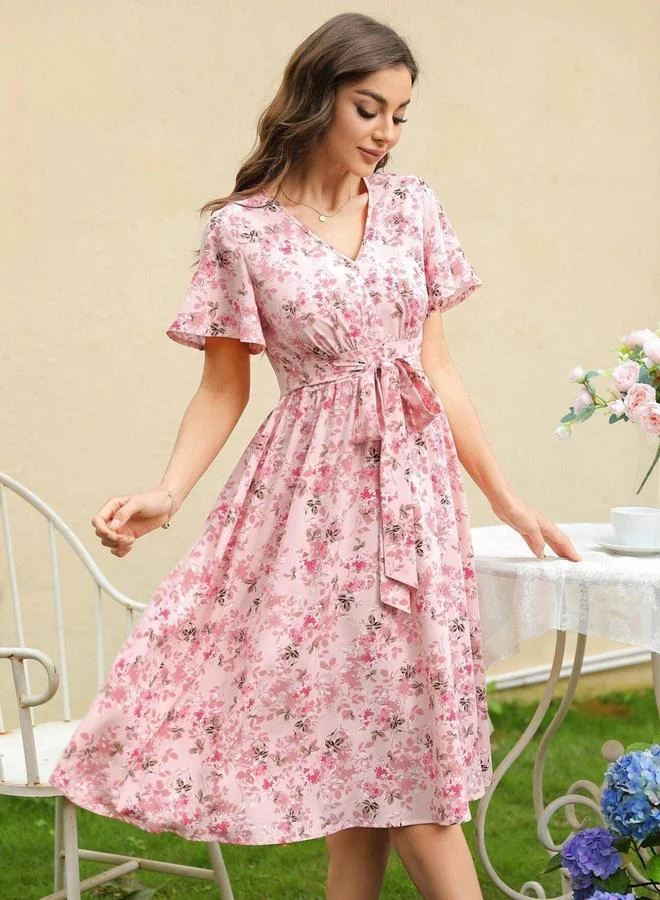 Floral Print Short Sleeve Knee-Length Dress Pink