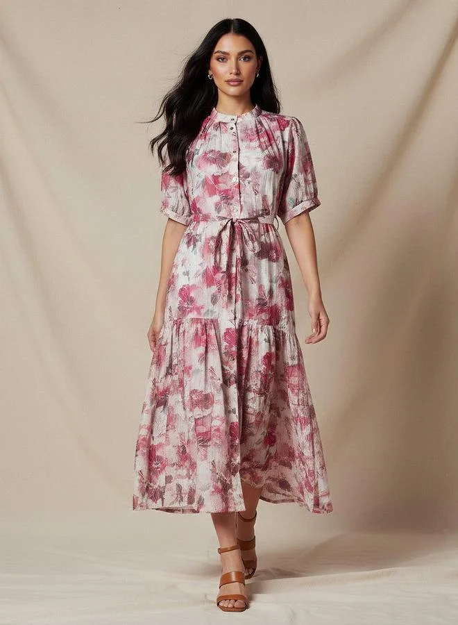 Tiered Midi Viscose Belted Dress Abstract Print