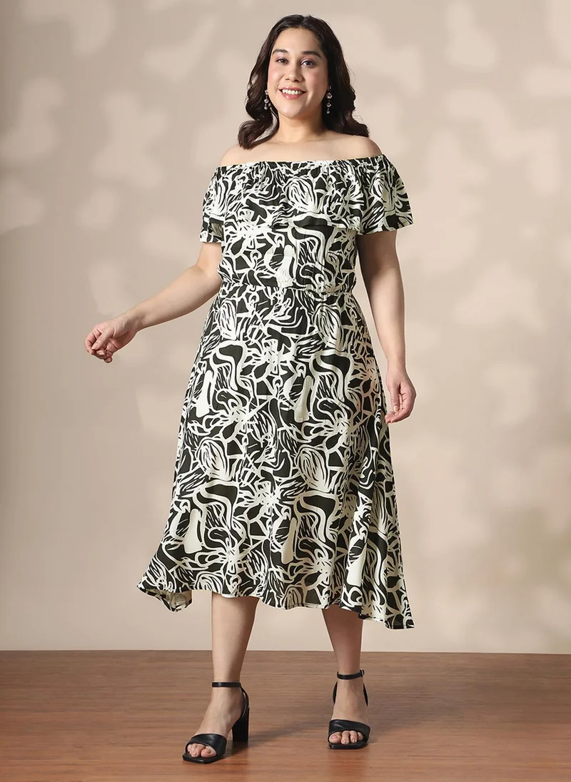 Globus Women's Plus Size Abstract Print Off-Shoulder Fit & Flare Midi Dress, Black & White