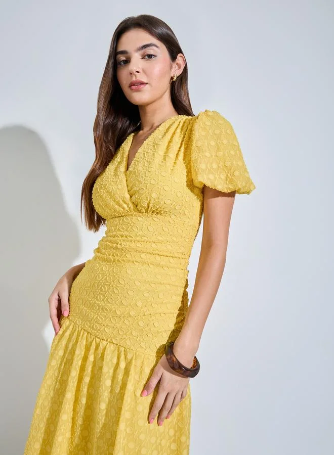 Dobby Flared Midi Dress Yellow