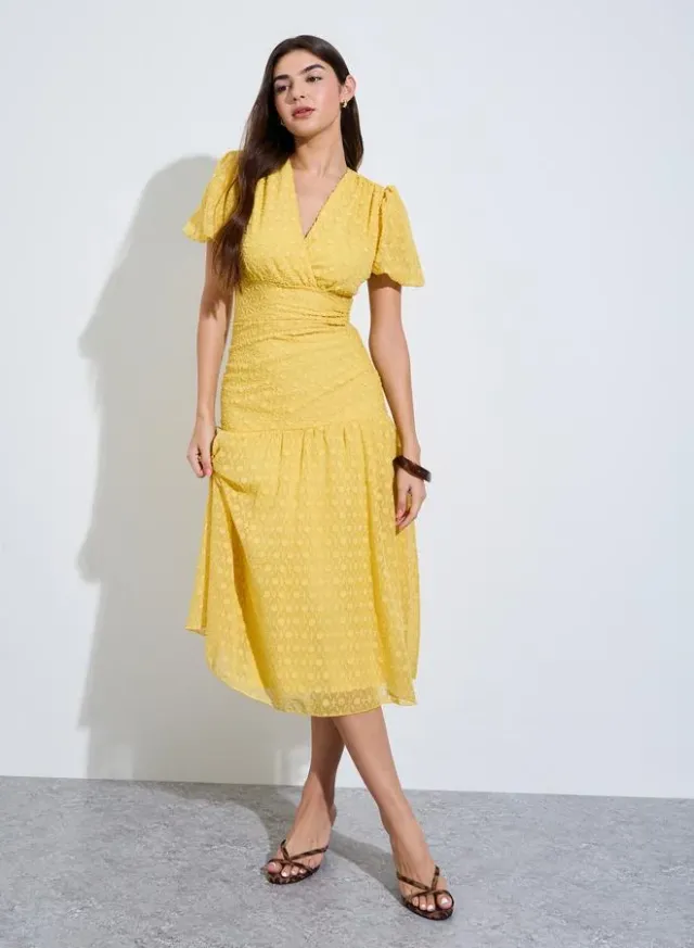 Dobby Flared Midi Dress Yellow – image 2