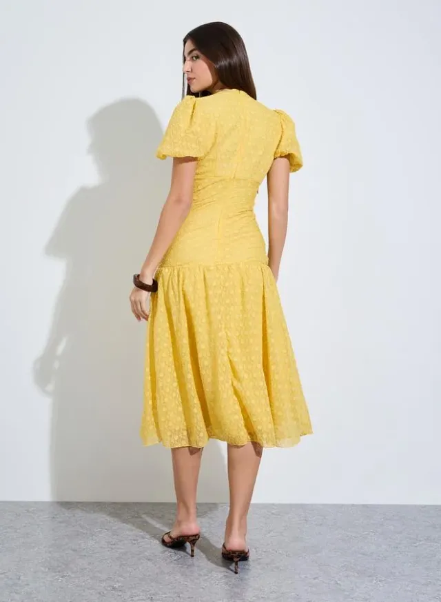Dobby Flared Midi Dress Yellow – image 5