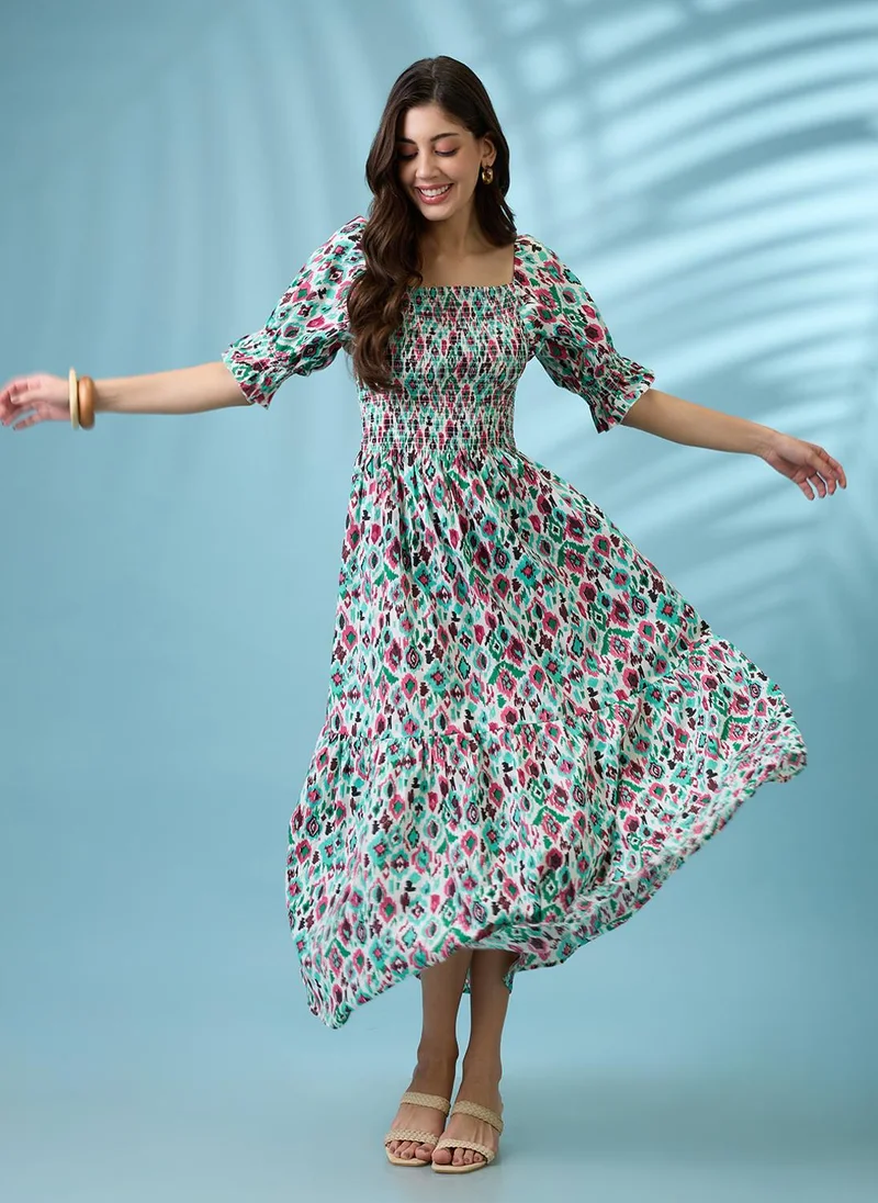 Globus Women Ikat Print Square Neck Puff Sleeve Smocked Tiered Maxi Dress Multicolour