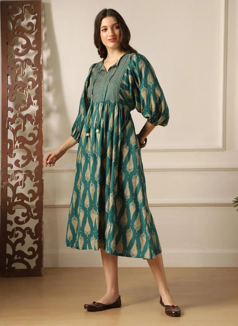 Women Ethnic Print Bishop Sleeves Tiered Flared Midi Dress Teal