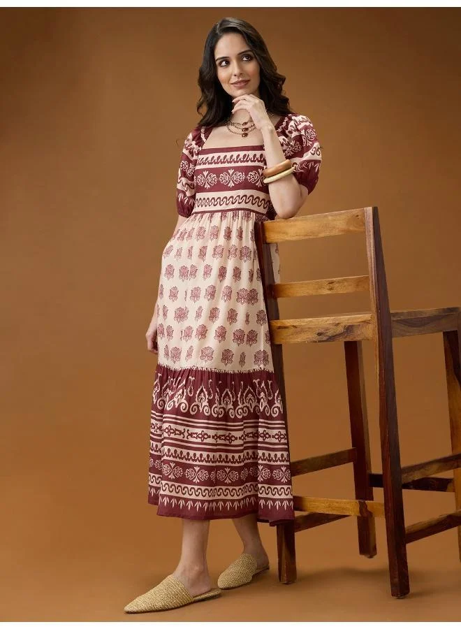 Globus Women's Ethnic Print Square Neck Puff Sleeve Fit & Flare Midi Dress Blue