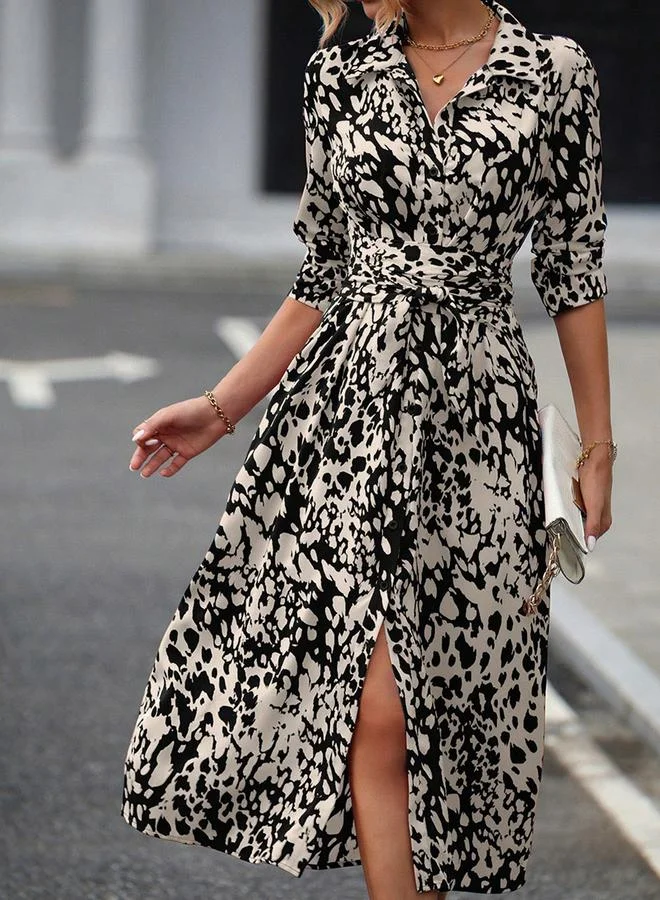 Women's Printed Belted Button Front Long Sleeve Midi Dress