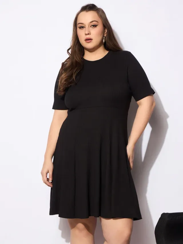 Black Cotton Blend Fit & Flare Midi Dress - Round Neck, Short Sleeves – image 6
