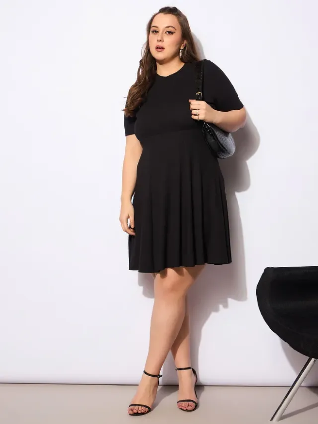 Black Cotton Blend Fit & Flare Midi Dress - Round Neck, Short Sleeves – image 2