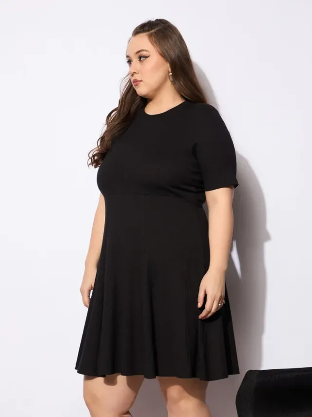 Black Cotton Blend Fit & Flare Midi Dress - Round Neck, Short Sleeves – image 3