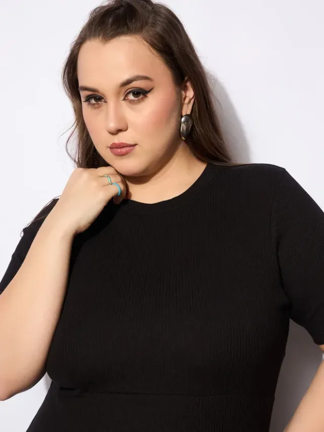 Black Cotton Blend Fit & Flare Midi Dress - Round Neck, Short Sleeves – image 4