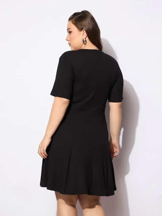 Black Cotton Blend Fit & Flare Midi Dress - Round Neck, Short Sleeves – image 5