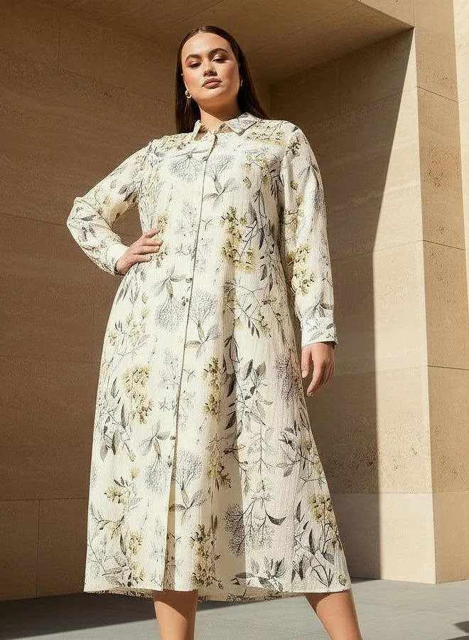 Ulla Popken Plus Size Floral Print Button-Down Shirt Dress