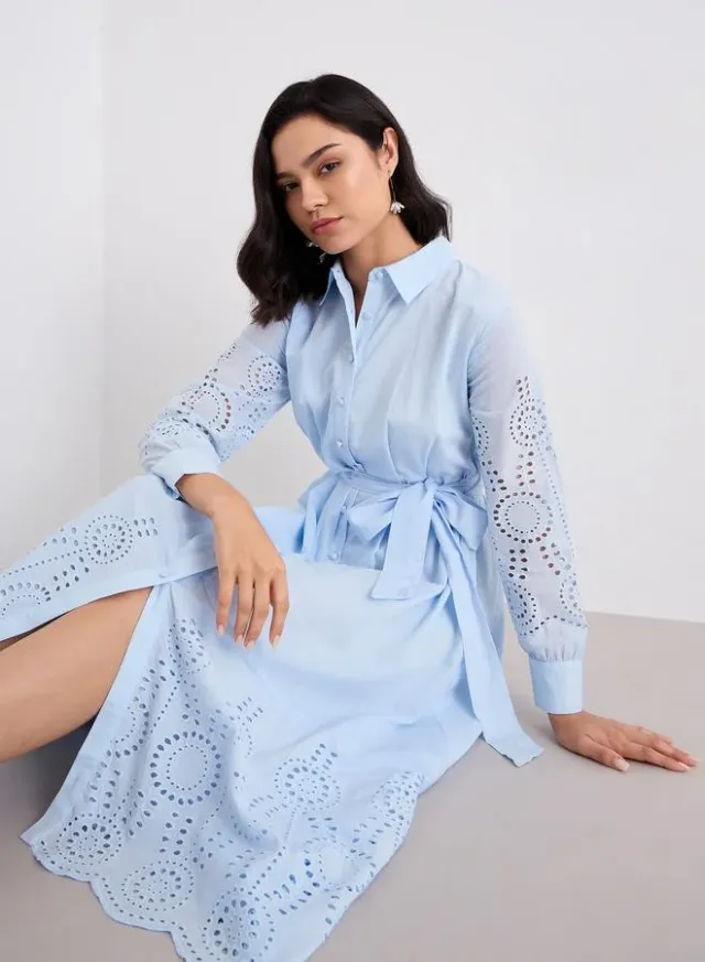 Styli Schiffli Shirt Midi Dress, Light Blue – image 5
