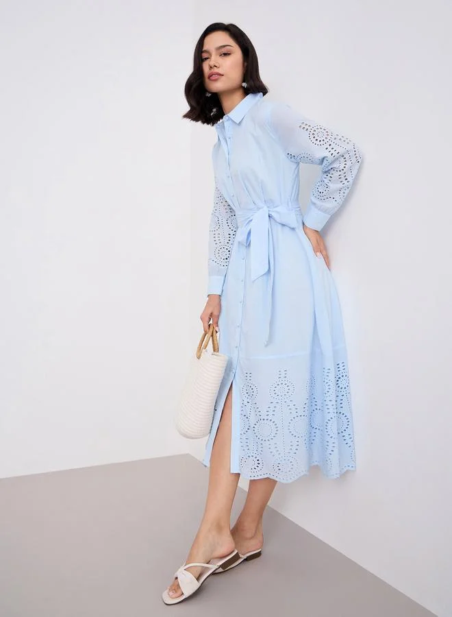 Styli Schiffli Shirt Midi Dress, Light Blue