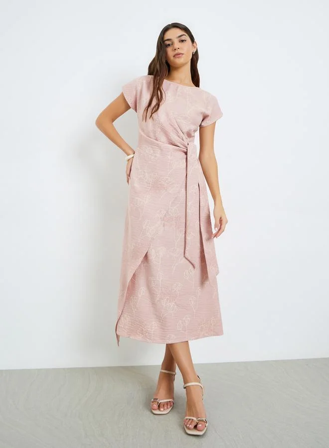 Floral Wrap Tie Midi Dress Pink