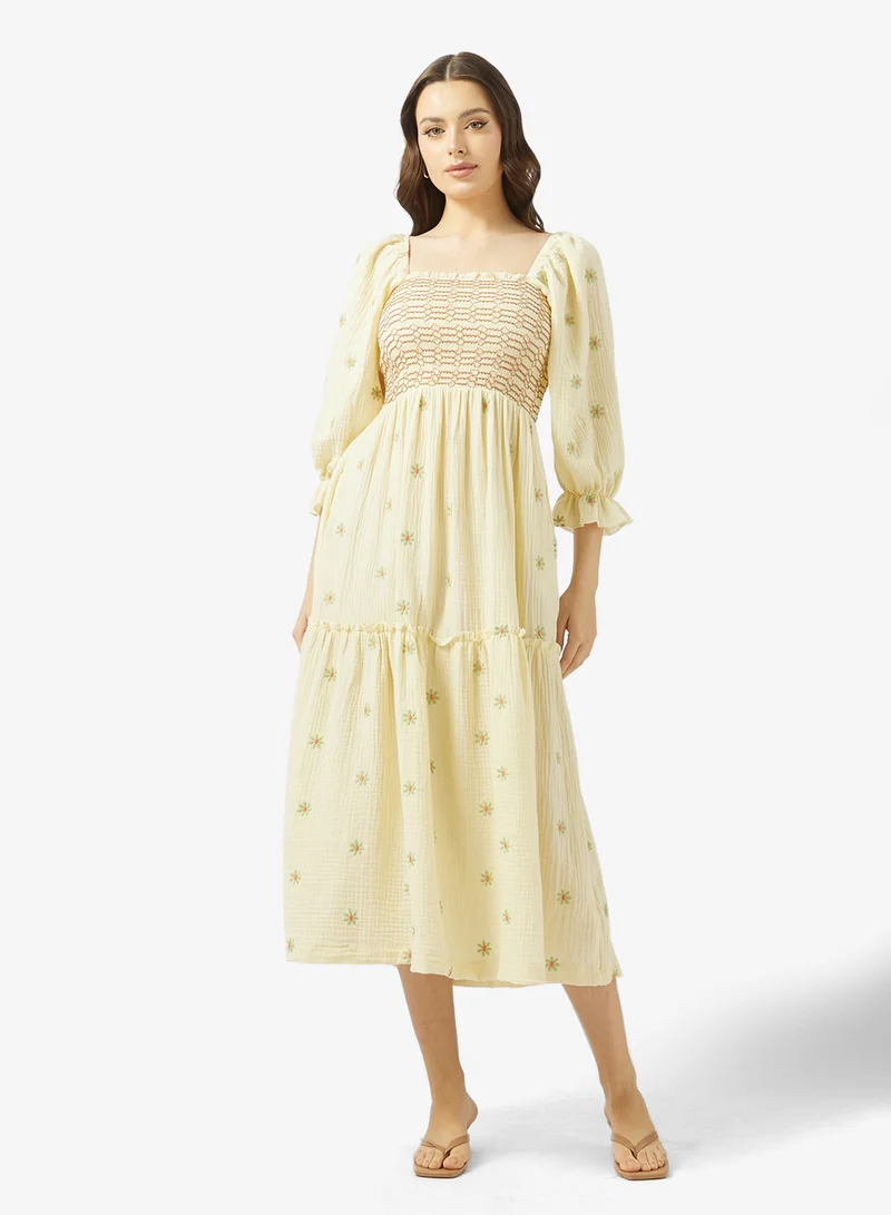 Puff Sleeve Smocked Floral A-Line Dress