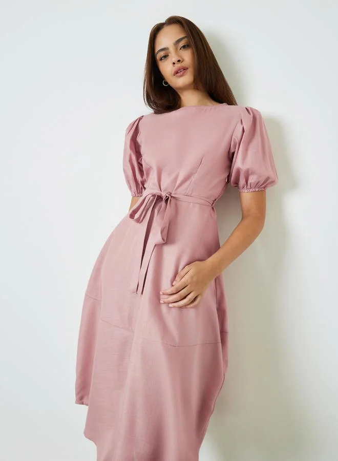 A-Line Puff Sleeve Midi Dress Pink