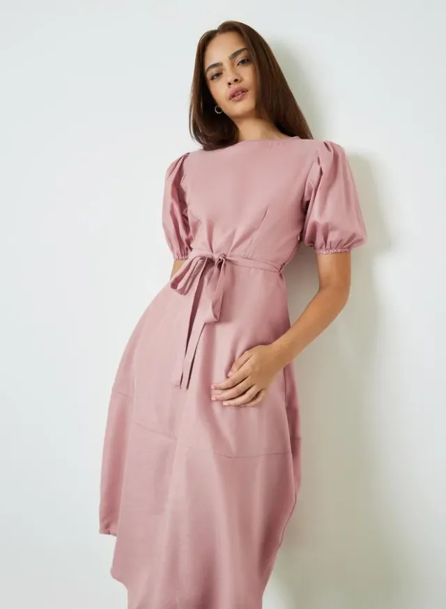 A-Line Puff Sleeve Midi Dress Pink