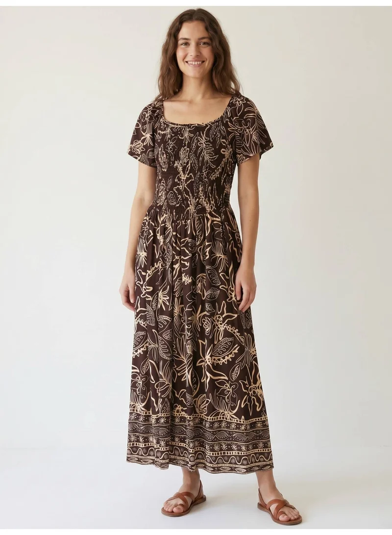 Printed Midi Dress with Square Neck