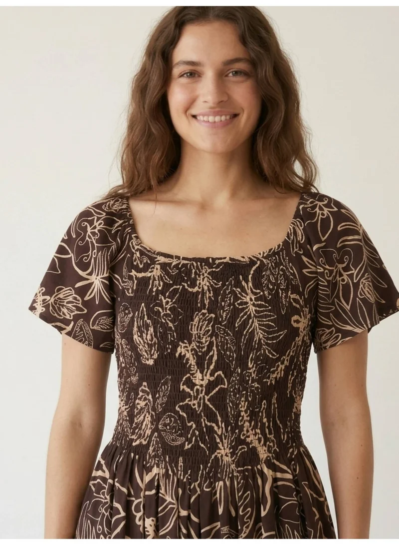 Printed Midi Dress with Square Neck