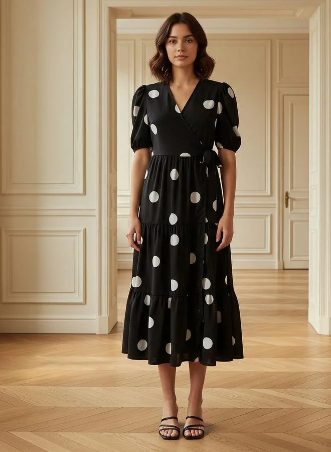 Polka Dot Midi Tiered Short Sleeve Tie-Up Dress