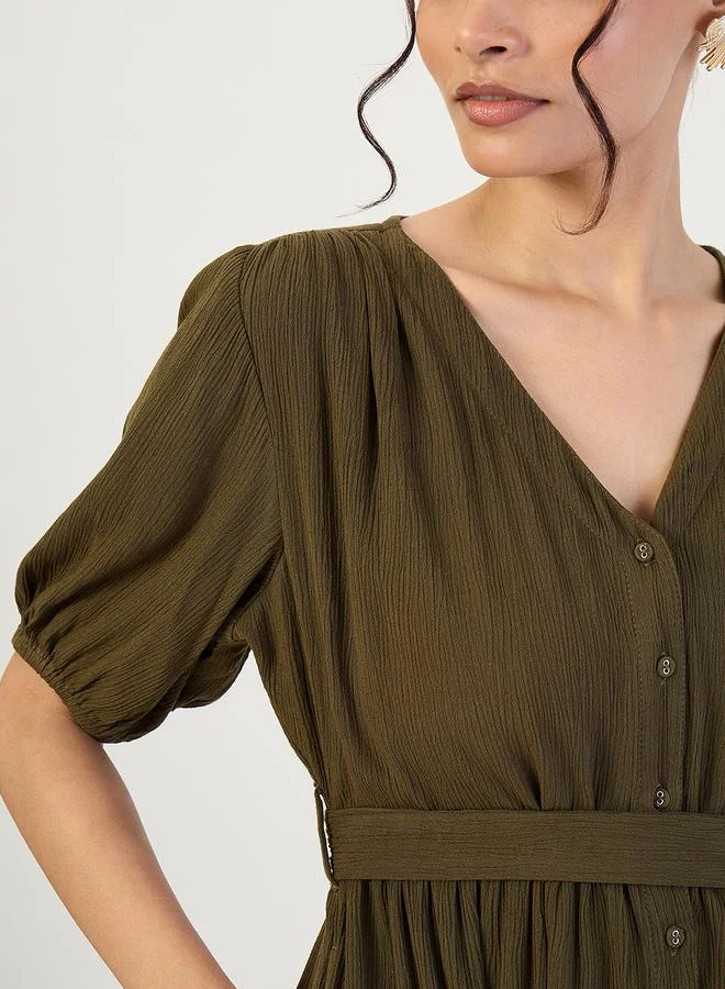 Crinkled V-Neck Maxi Dress Olive