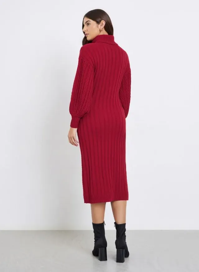 Cable Knit Sweater Midi Dress Red – image 4